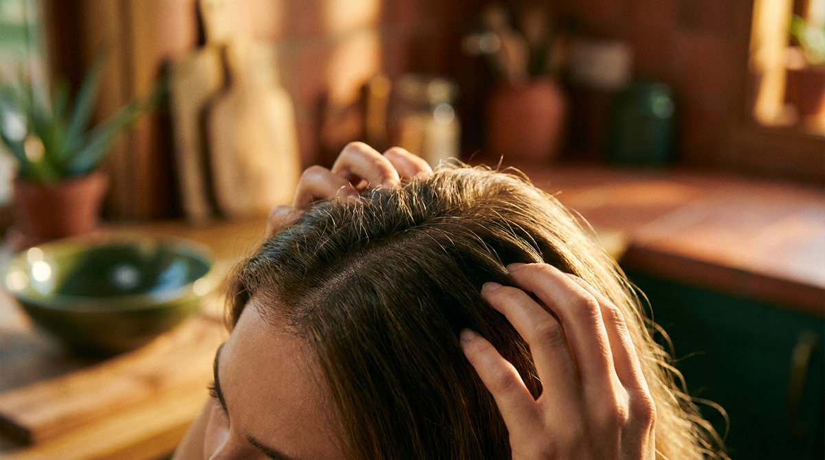 Primo piano su cuoio capelluto e radice dei capelli con gesto delicato delle dita, sfondo cucina