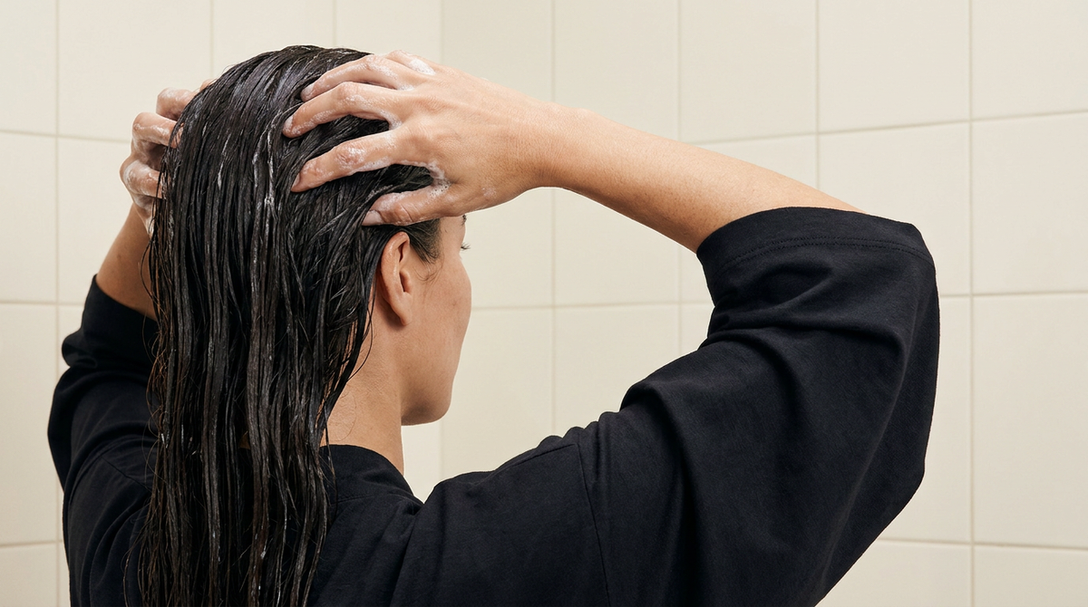 Donna vista da dietro che si lava i capelli massaggiando lo shampoo sul cuoio capelluto con entrambe le mani