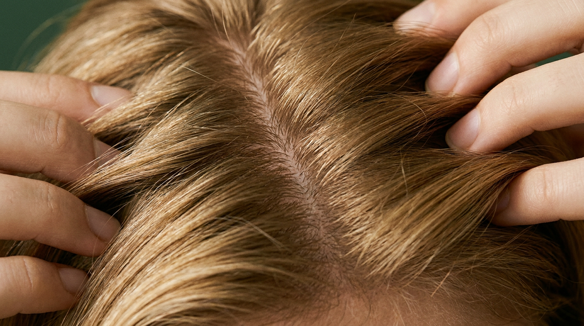 Mani che scostano delicatamente i capelli mostrando la radice e il cuoio capelluto