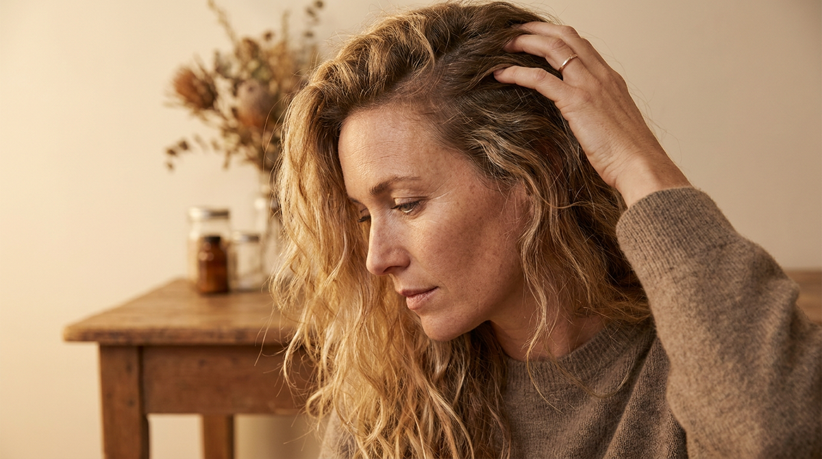 Donna che osserva la radice dei capelli passando una mano tra i capelli, cute grassa a settembre