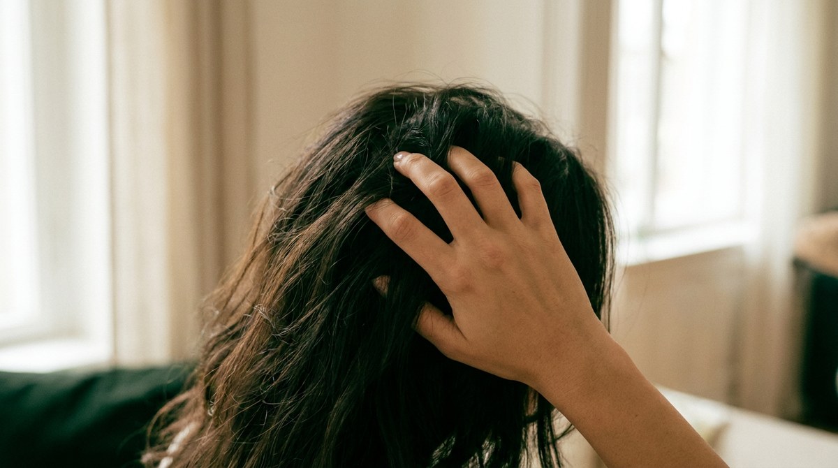 Mano tra i capelli vicino alla radice, primo piano su cuoio capelluto e ciocche scure